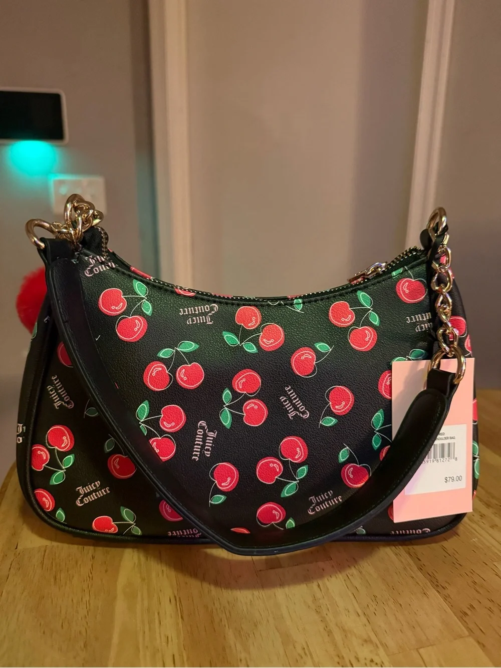 Juicy Couture Black Cherry Print Shoulder Bag with charm